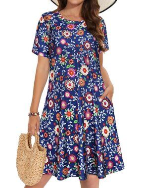Women's Blue ColorFull shirt Short Sleeve Floral Sundress Beach Cover Mini Dress